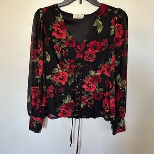 Ember Black and Red Floral Blouse with corset effect. Size M